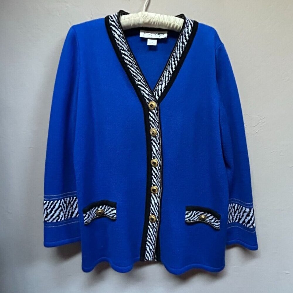 Vintage Eric Steven Womens Cardigan Sweater Size 14 Button Blue Black/White Trim